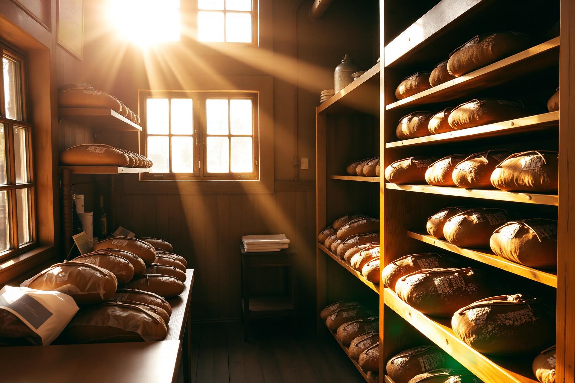 Fresh sourdough loaves on wooden shelves in warm morning light